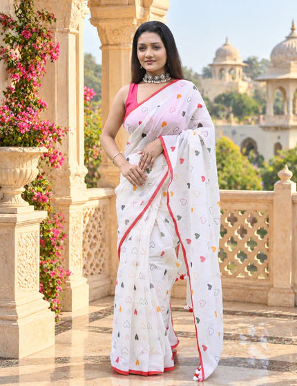White Khadi Cotton Saree | Heart Printed | Durga Puja Special