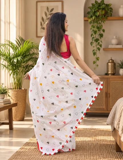 White Khadi Cotton Saree | Heart Printed | Durga Puja Special