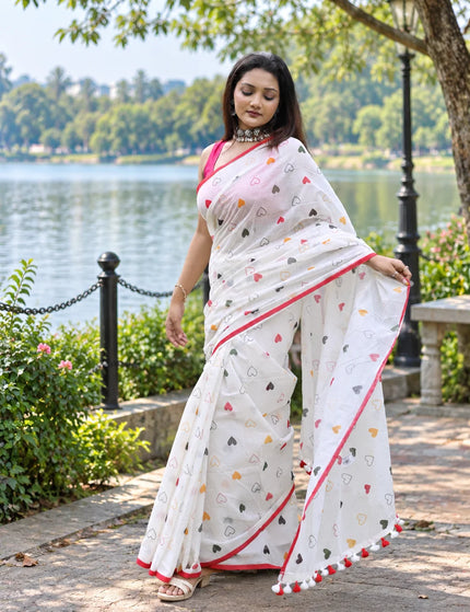 White Khadi Cotton Saree | Heart Printed | Durga Puja Special