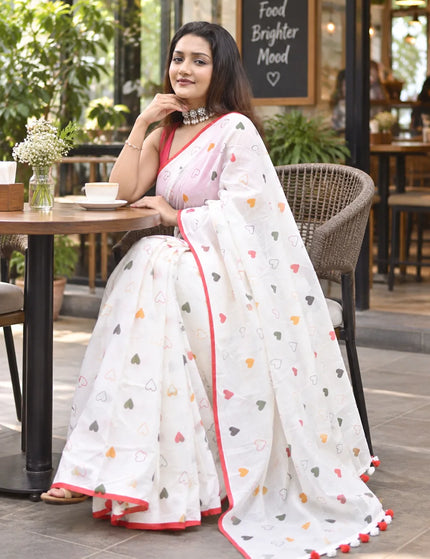 White Khadi Cotton Saree | Heart Printed | Durga Puja Special
