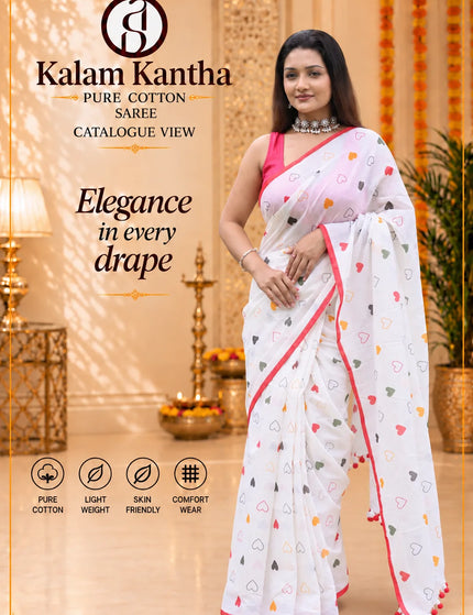 White Khadi Cotton Saree | Heart Printed | Durga Puja Special