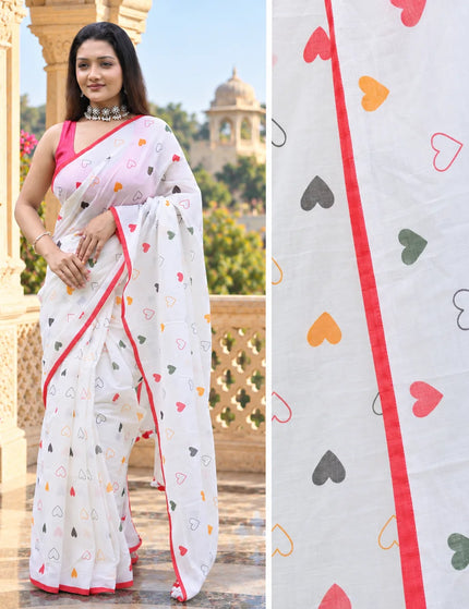 White Khadi Cotton Saree | Heart Printed | Durga Puja Special