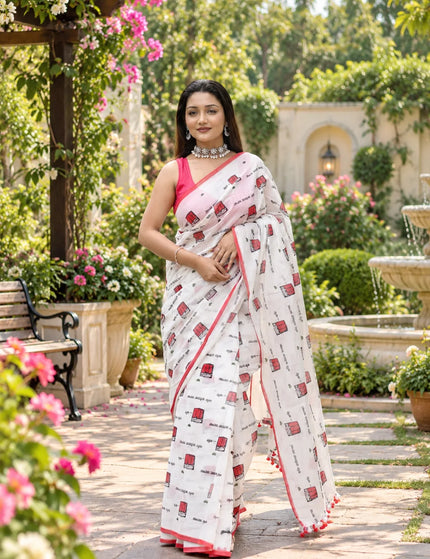 Coffee Cup Graphic Khadi Cotton Saree | White | Durga Puja Special