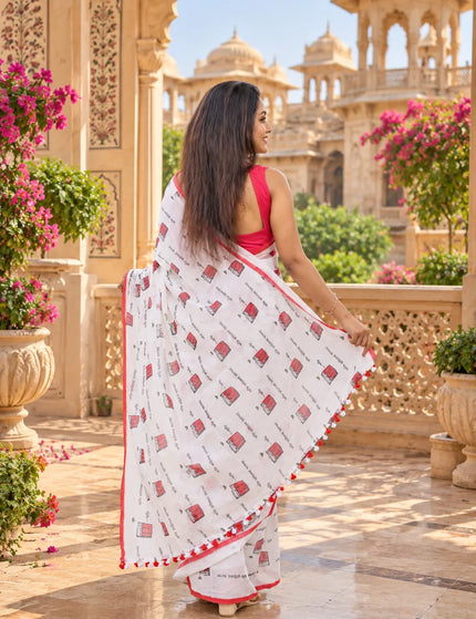 Coffee Cup Graphic Khadi Cotton Saree | White | Durga Puja Special