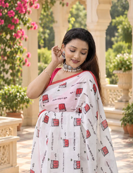 Coffee Cup Graphic Khadi Cotton Saree | White | Durga Puja Special