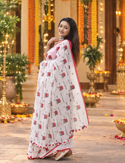 Coffee Cup Graphic Khadi Cotton Saree | White | Durga Puja Special