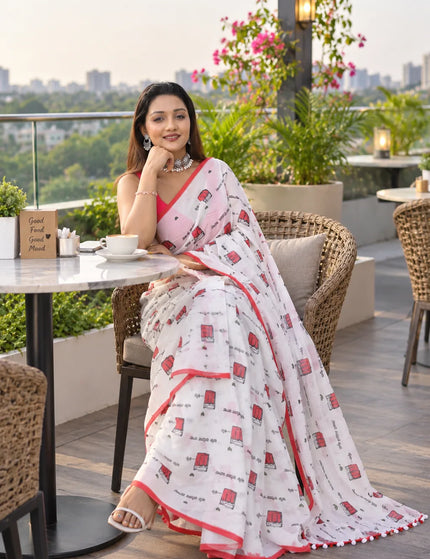 Coffee Cup Graphic Khadi Cotton Saree | White | Durga Puja Special