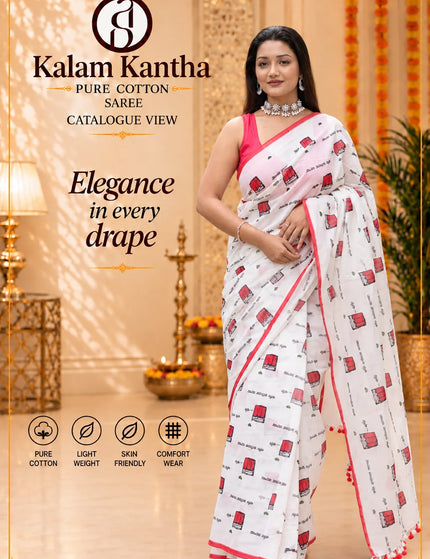 Coffee Cup Graphic Khadi Cotton Saree | White | Durga Puja Special