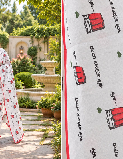 Coffee Cup Graphic Khadi Cotton Saree | White | Durga Puja Special