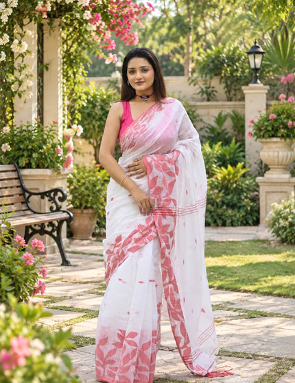 White and Red Handloom Jamdani Saree | Durga Puja Special