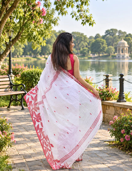 White and Red Handloom Jamdani Saree | Durga Puja Special