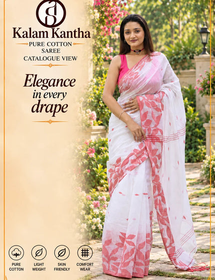 White and Red Handloom Jamdani Saree | Durga Puja Special