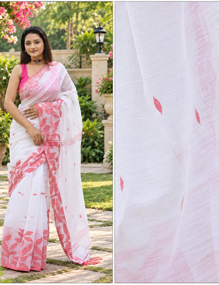 White and Red Handloom Jamdani Saree | Durga Puja Special