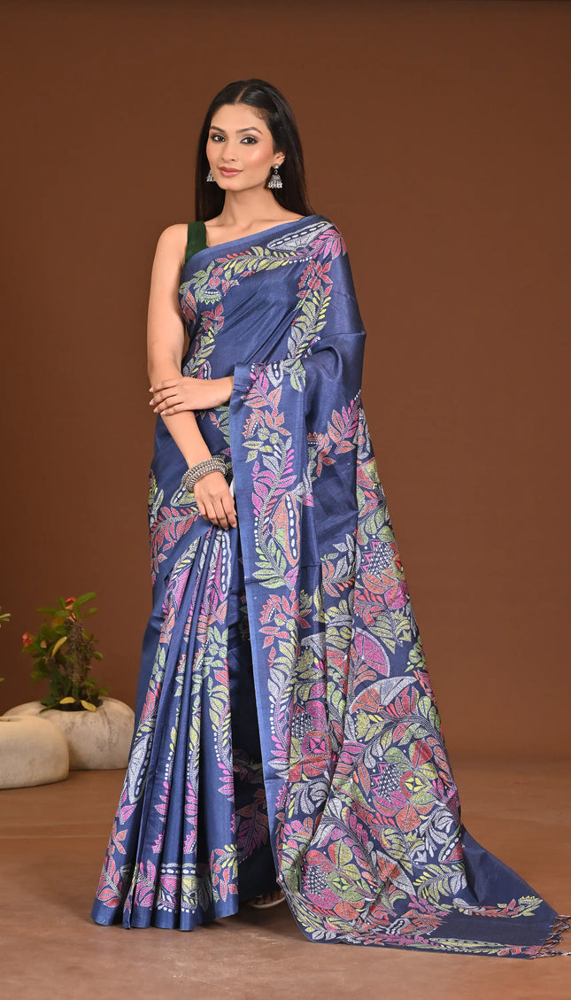 Navy Blue Kantha Embroidery Silk Saree