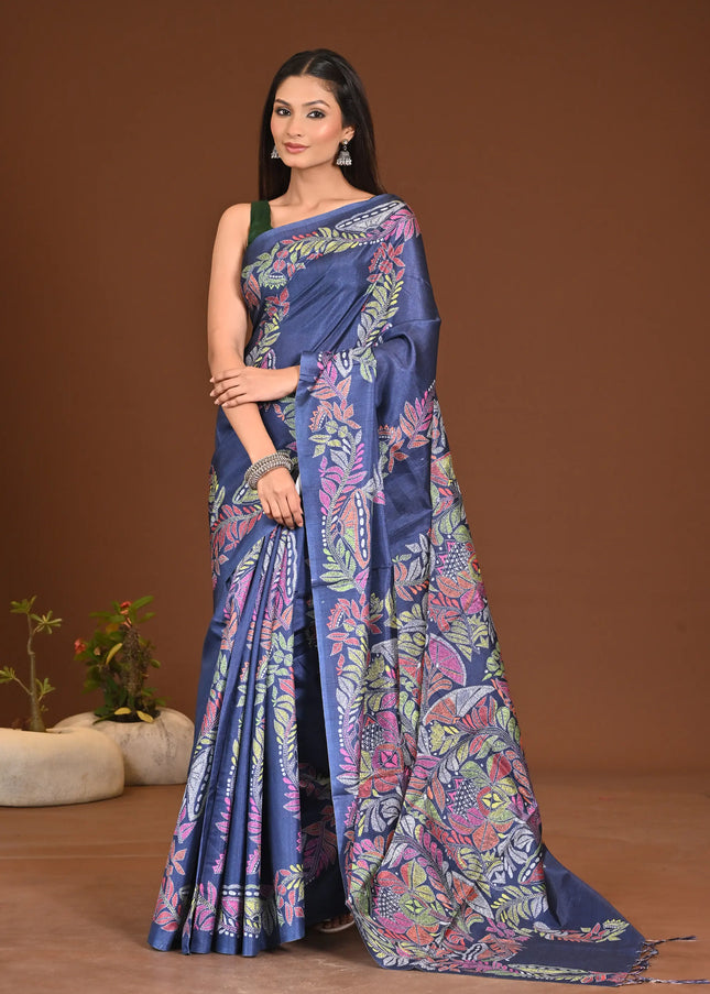 Navy Blue Kantha Embroidery Silk Saree