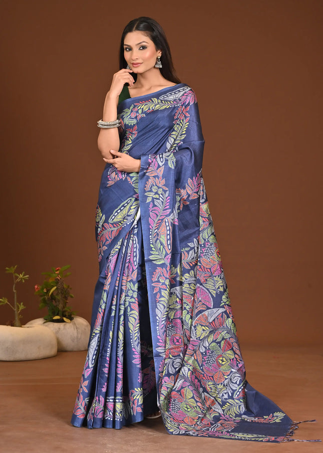 Navy Blue Kantha Embroidery Silk Saree