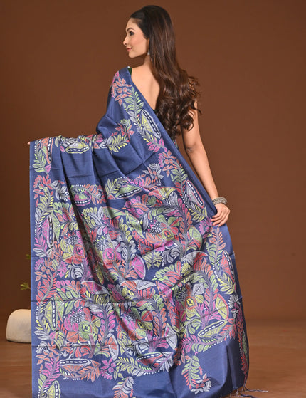 Navy Blue Kantha Embroidery Silk Saree