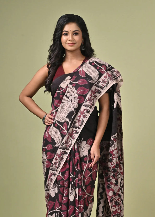 Kalam Kantha Pure Cotton Kalamkari Digital Print Saree with Running Blouse Piece | Multicolour Floral Handloom Saree