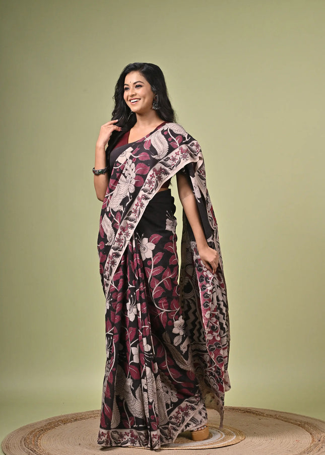 Kalam Kantha Pure Cotton Kalamkari Digital Print Saree with Running Blouse Piece | Multicolour Floral Handloom Saree