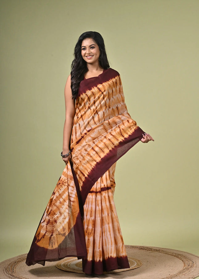 Kalam Kantha Handloom Cotton Shibori Tie-Dye Saree, Multicolour Dotted Dye Print