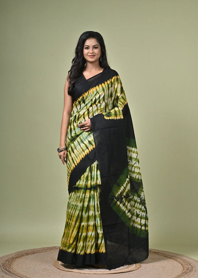 Kalam Kantha Handloom Cotton Shibori Tie-Dye Saree, Multicolour Dotted Dye Print
