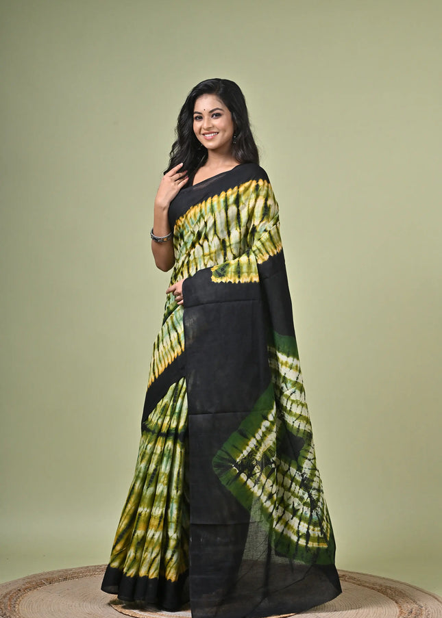 Kalam Kantha Handloom Cotton Shibori Tie-Dye Saree, Multicolour Dotted Dye Print