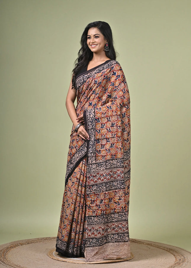 Kalam Kantha Pure Cotton Kalamkari All-Over Block Print Saree with Running Blouse Piece | Multicolour Saree