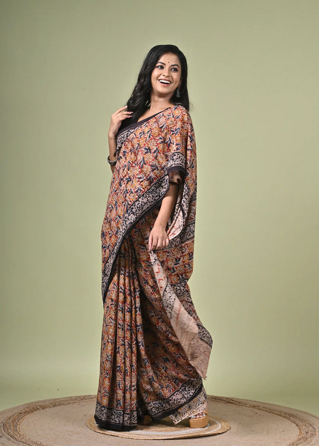 Kalam Kantha Pure Cotton Kalamkari All-Over Block Print Saree with Running Blouse Piece | Multicolour Saree
