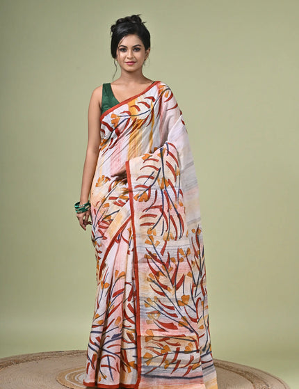 Kalam Kantha Pure Cotton Designer Saree, Multicolour Floral Artisan Crafted