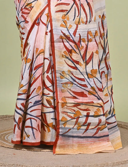 Kalam Kantha Pure Cotton Designer Saree, Multicolour Floral Artisan Crafted