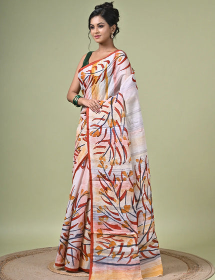 Kalam Kantha Pure Cotton Designer Saree, Multicolour Floral Artisan Crafted