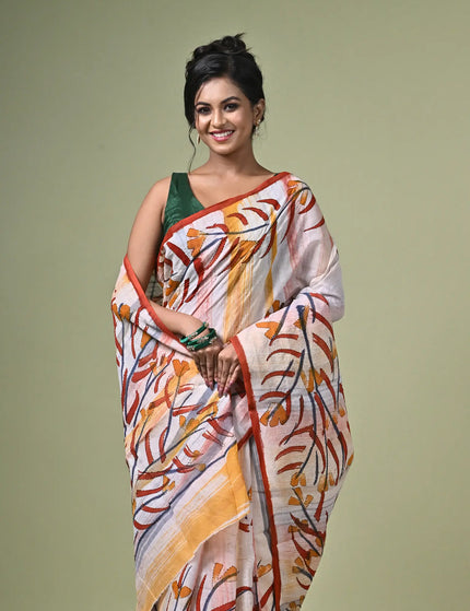 Kalam Kantha Pure Cotton Designer Saree, Multicolour Floral Artisan Crafted