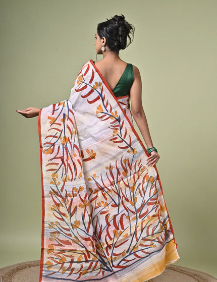 Kalam Kantha Pure Cotton Designer Saree, Multicolour Floral Artisan Crafted