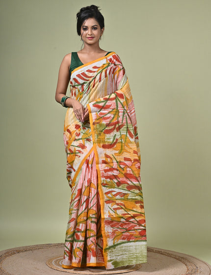 Kalam Kantha Pure Cotton Designer Saree, Multicolour Floral Artisan Crafted