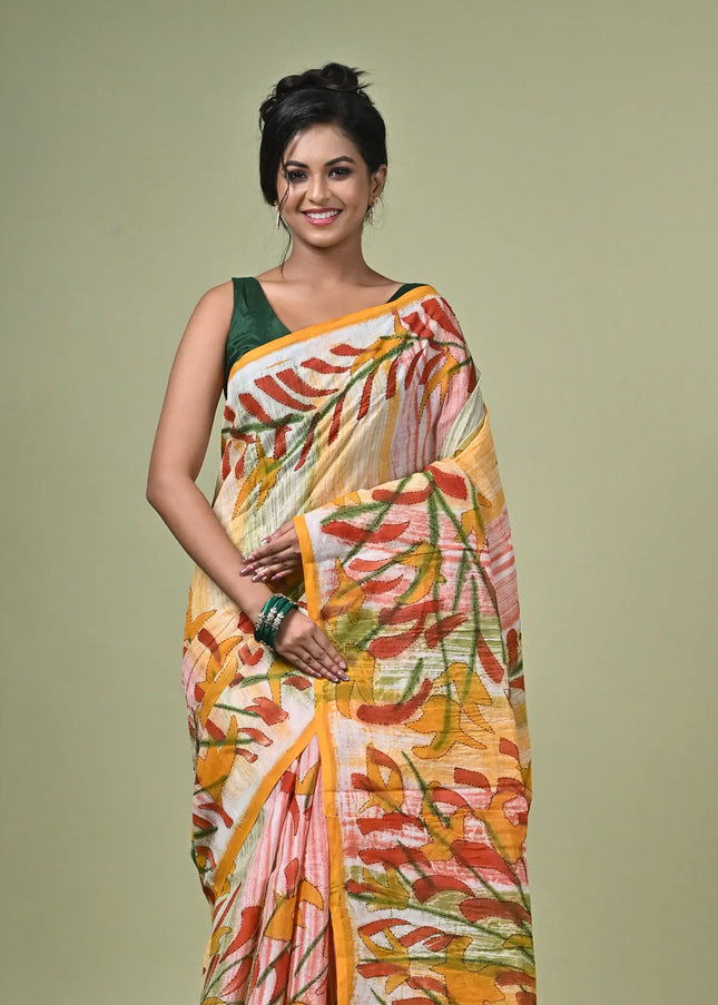 Kalam Kantha Pure Cotton Designer Saree, Multicolour Floral Artisan Crafted