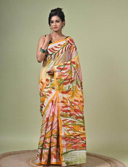 Kalam Kantha Pure Cotton Designer Saree, Multicolour Floral Artisan Crafted