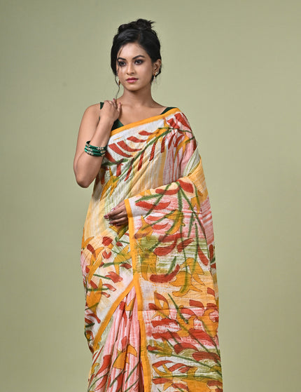 Kalam Kantha Pure Cotton Designer Saree, Multicolour Floral Artisan Crafted