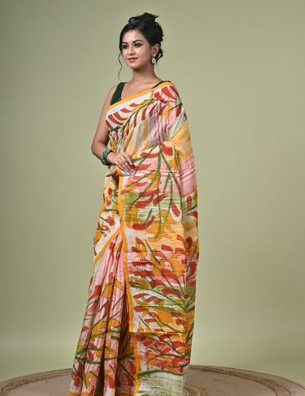 Kalam Kantha Pure Cotton Designer Saree, Multicolour Floral Artisan Crafted
