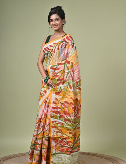 Kalam Kantha Pure Cotton Designer Saree, Multicolour Floral Artisan Crafted