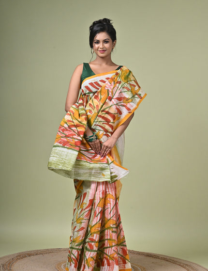 Kalam Kantha Pure Cotton Designer Saree, Multicolour Floral Artisan Crafted