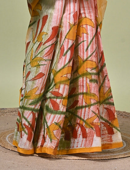 Kalam Kantha Pure Cotton Designer Saree, Multicolour Floral Artisan Crafted