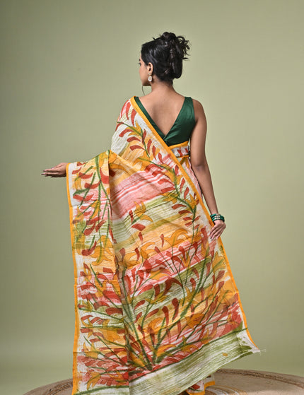 Kalam Kantha Pure Cotton Designer Saree, Multicolour Floral Artisan Crafted
