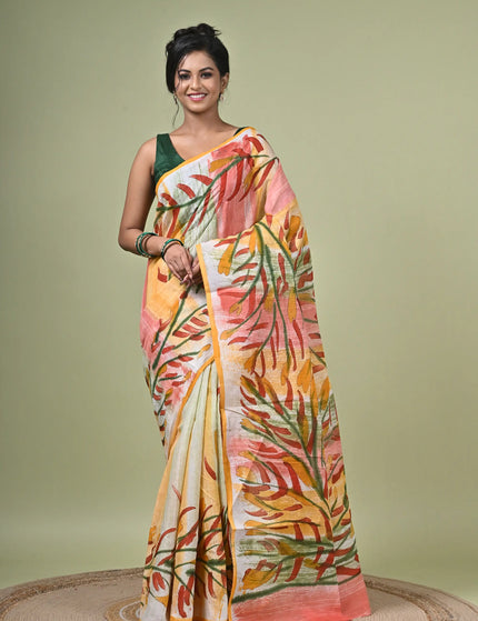Kalam Kantha Pure Cotton Designer Saree, Multicolour Floral Artisan Crafted