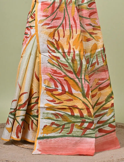 Kalam Kantha Pure Cotton Designer Saree, Multicolour Floral Artisan Crafted