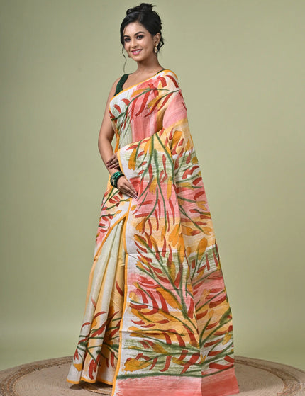 Kalam Kantha Pure Cotton Designer Saree, Multicolour Floral Artisan Crafted