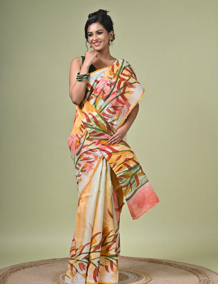 Kalam Kantha Pure Cotton Designer Saree, Multicolour Floral Artisan Crafted