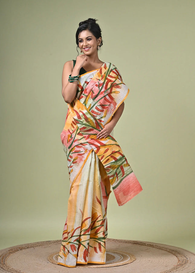 Kalam Kantha Pure Cotton Designer Saree, Multicolour Floral Artisan Crafted