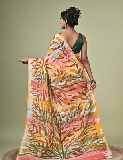 Kalam Kantha Pure Cotton Designer Saree, Multicolour Floral Artisan Crafted