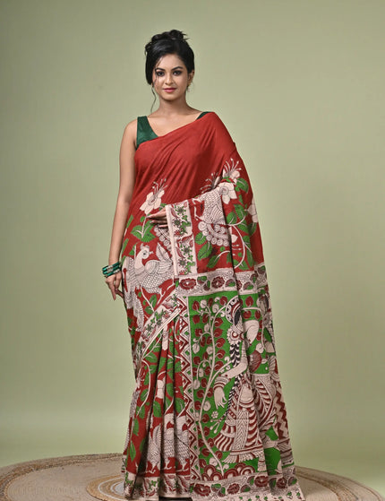 Kalam Kantha Pure Cotton Kalamkari Digital Print Saree with Running Blouse Piece | Multicolour Floral Handloom Saree