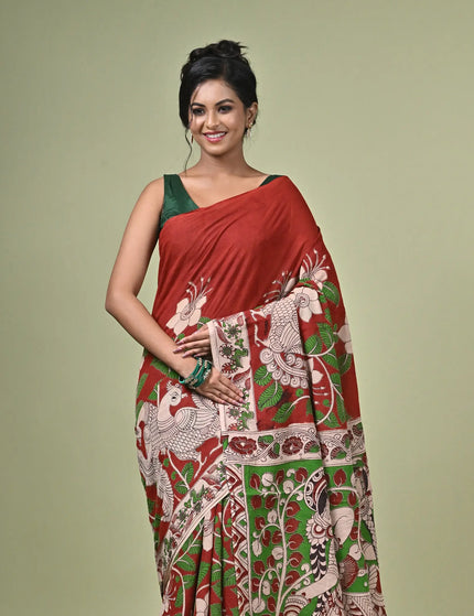 Kalam Kantha Pure Cotton Kalamkari Digital Print Saree with Running Blouse Piece | Multicolour Floral Handloom Saree